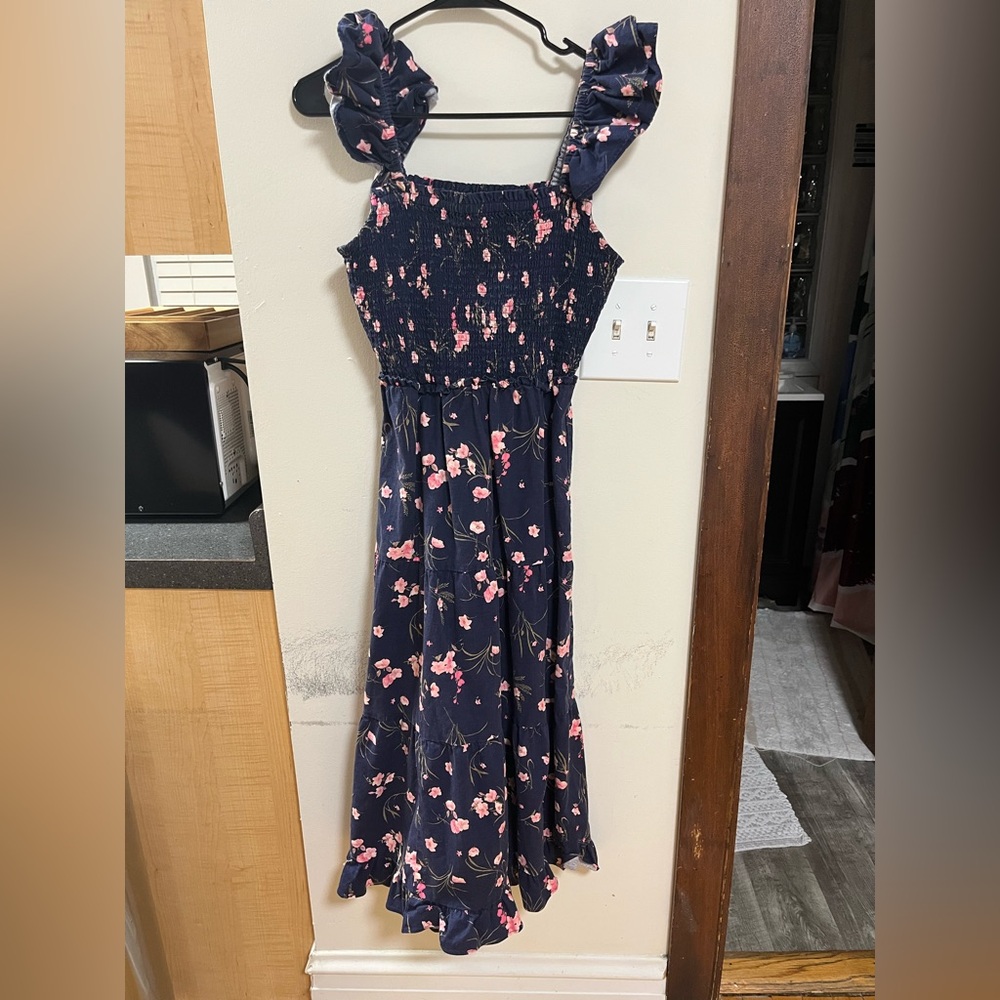 Navy Floral Midi Dress with Pink Highlights